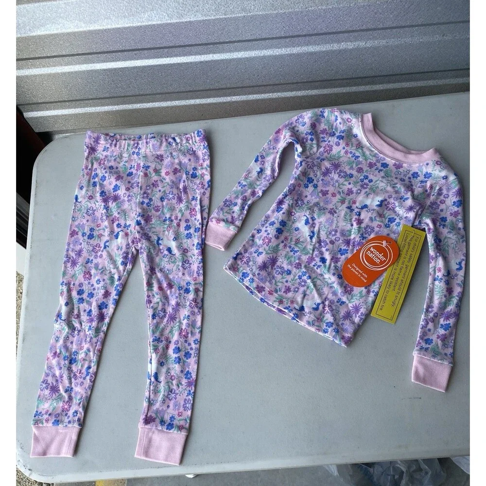 NWT Wonder Nation 3T Girls Pajamas Set 100% Cotton Pink Floral Unicorn Butterfly